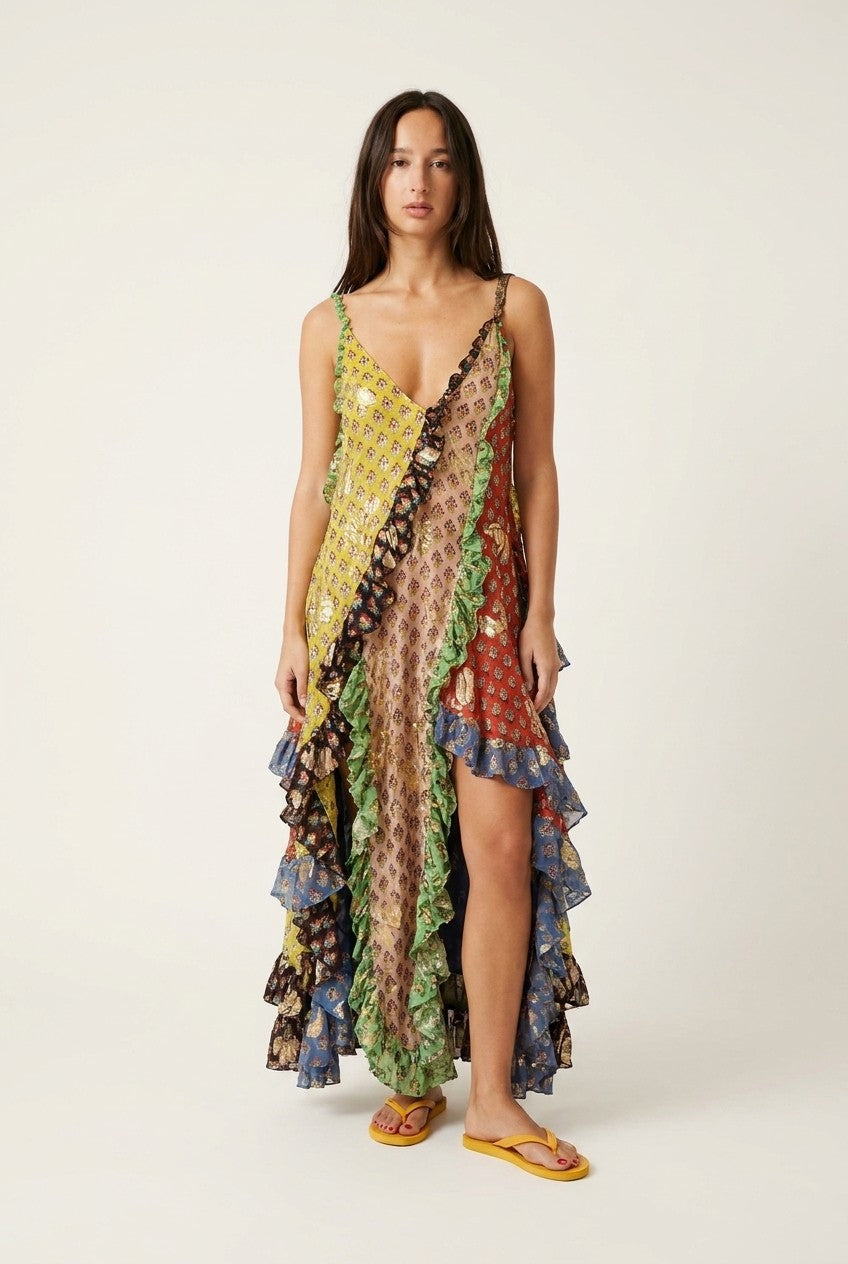Patchwork High-Low Ruffle Maxi Dress