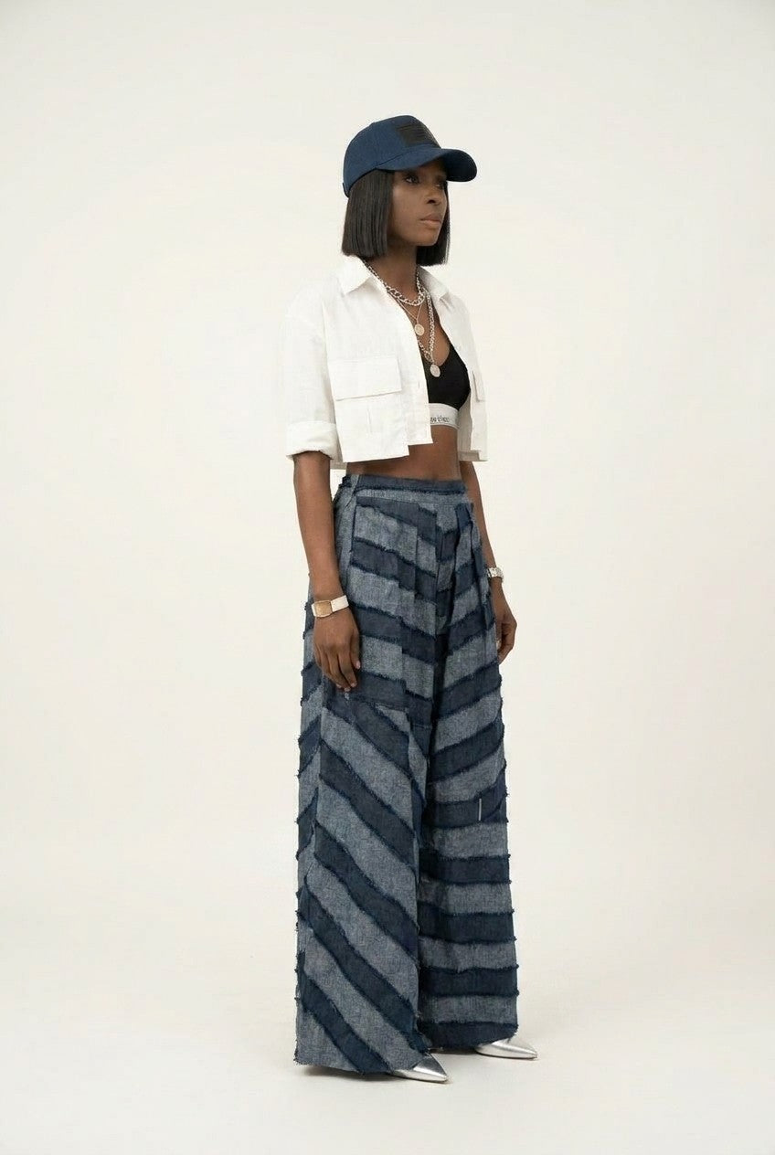 Patchwork High-Waisted Wide-Leg Denim Pants