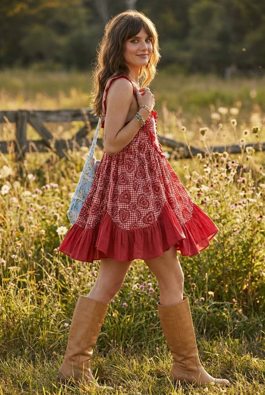 Women's Boho Cotton Gingham Mini Dress with Heart Ruffle Trim
