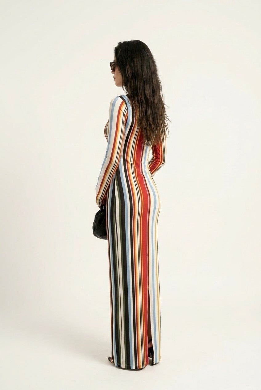 Multicolor Vertical Stripe Knit Maxi Dress