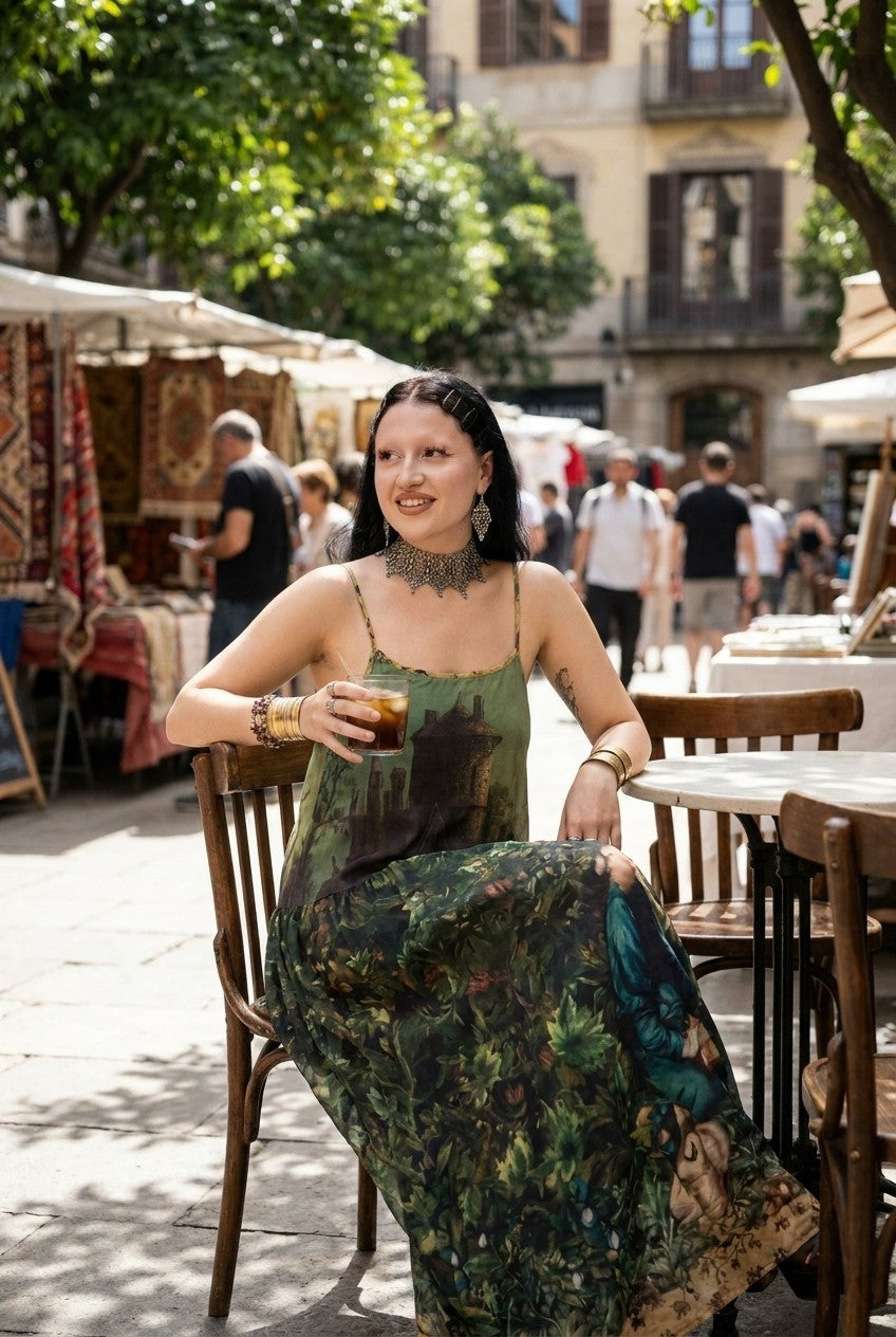 Castle Landscape Print Maxi Slip Dress