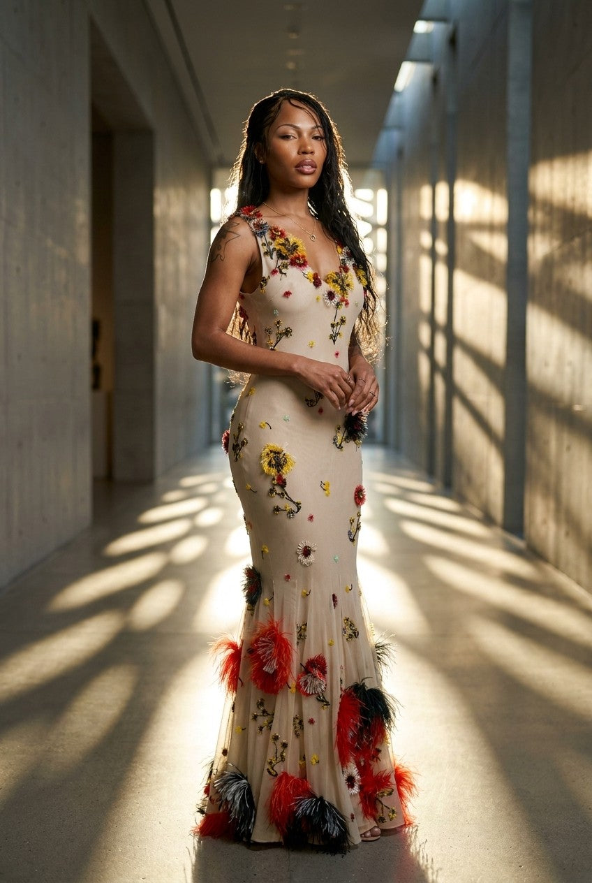 Floral Embroidered Tulle V-Neck Feather Trim Gown