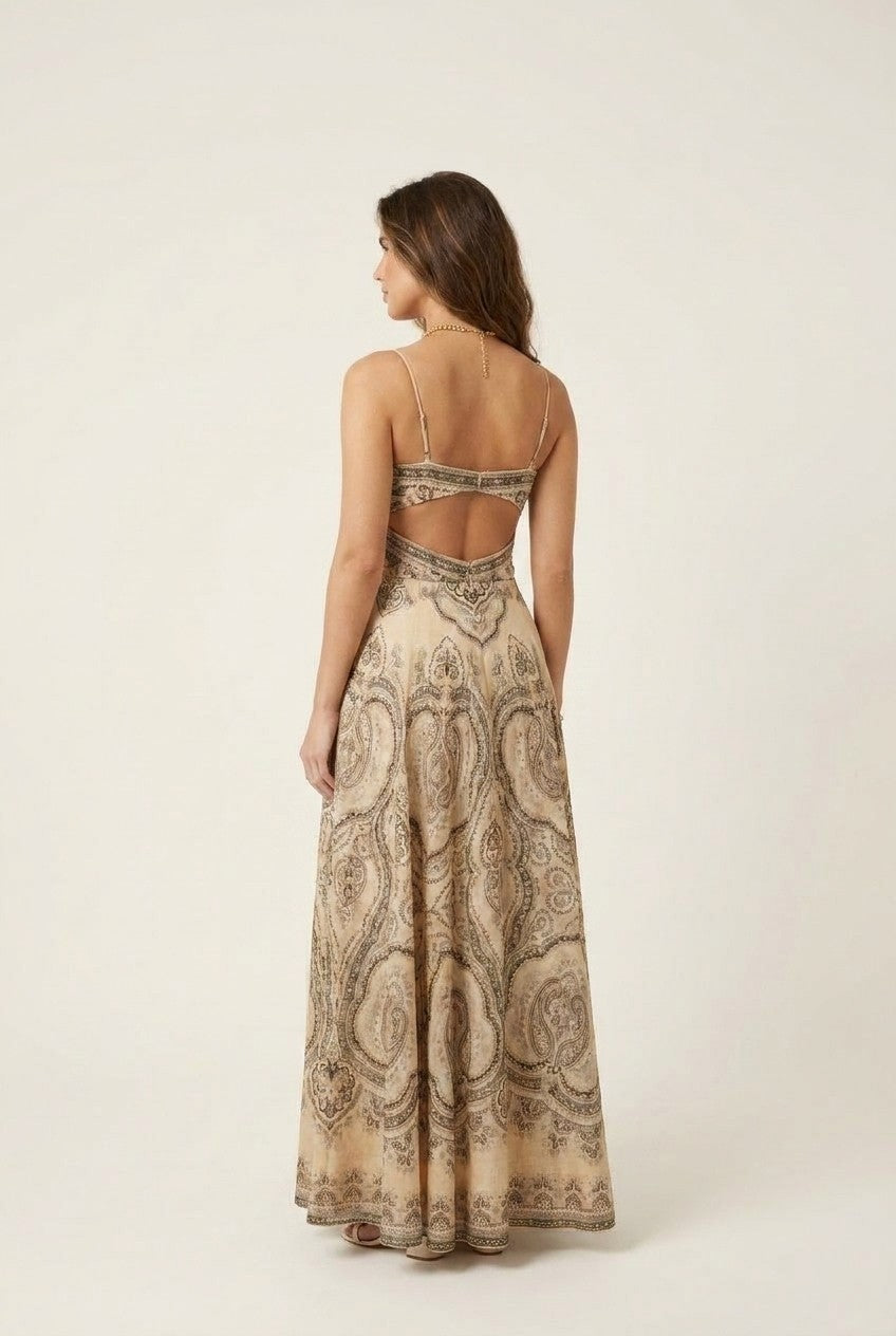 Paisley Cut-Out Hardware Accent Maxi Dress