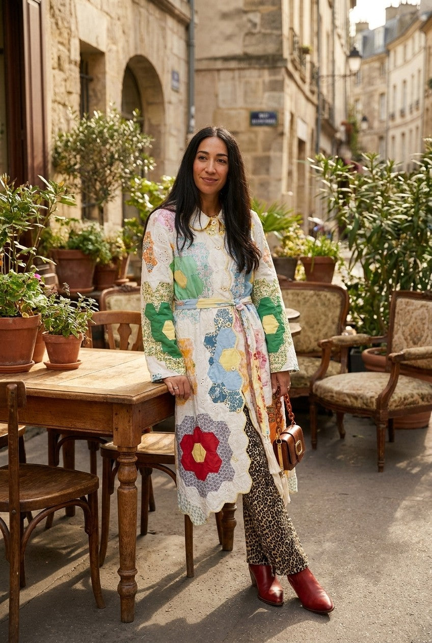 Patchwork Eyelet Scalloped Belted Coat