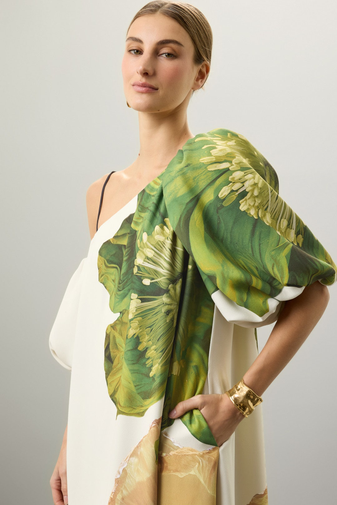 Floral Silk-Blend Satin One-Shoulder Puff Sleeve Maxi Dress