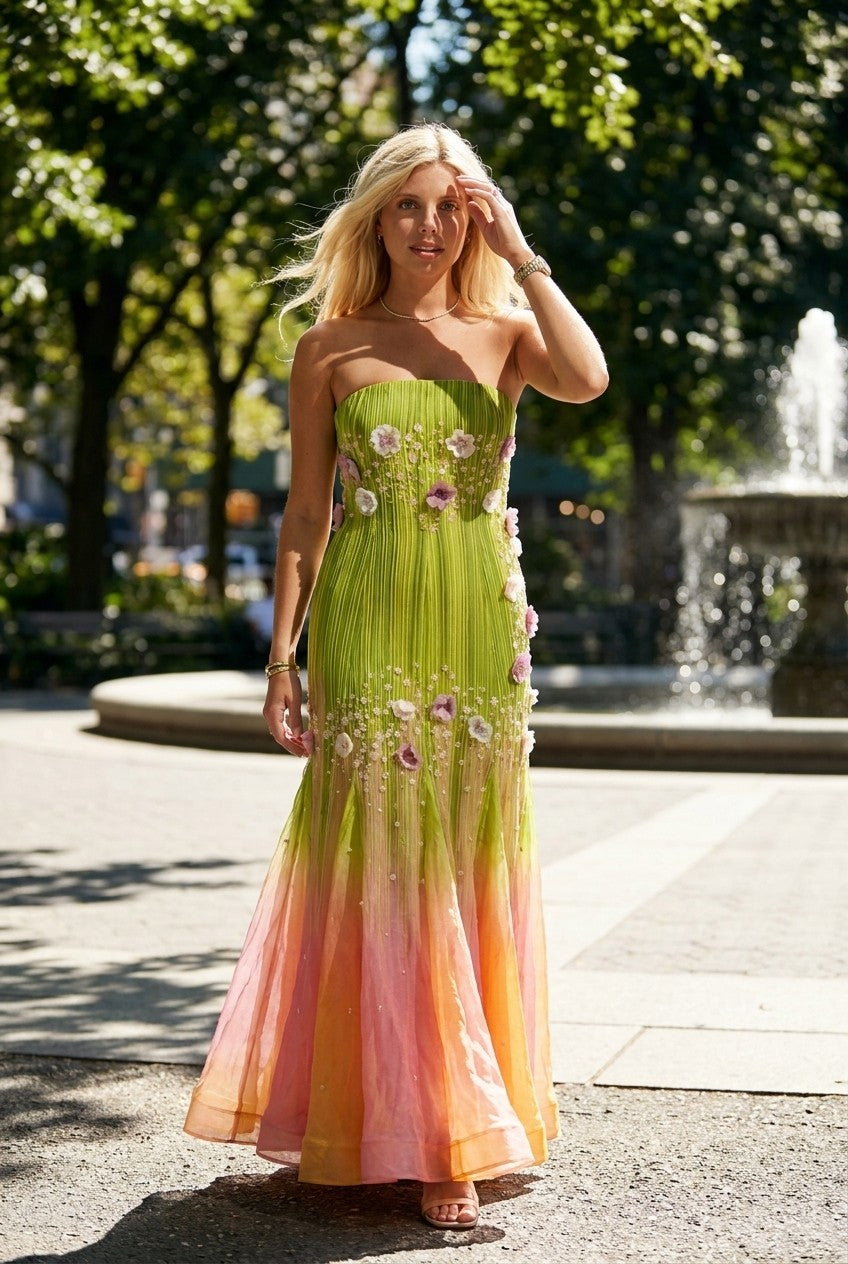 Strapless Floral Appliqué Ombre Pleated Maxi Dress