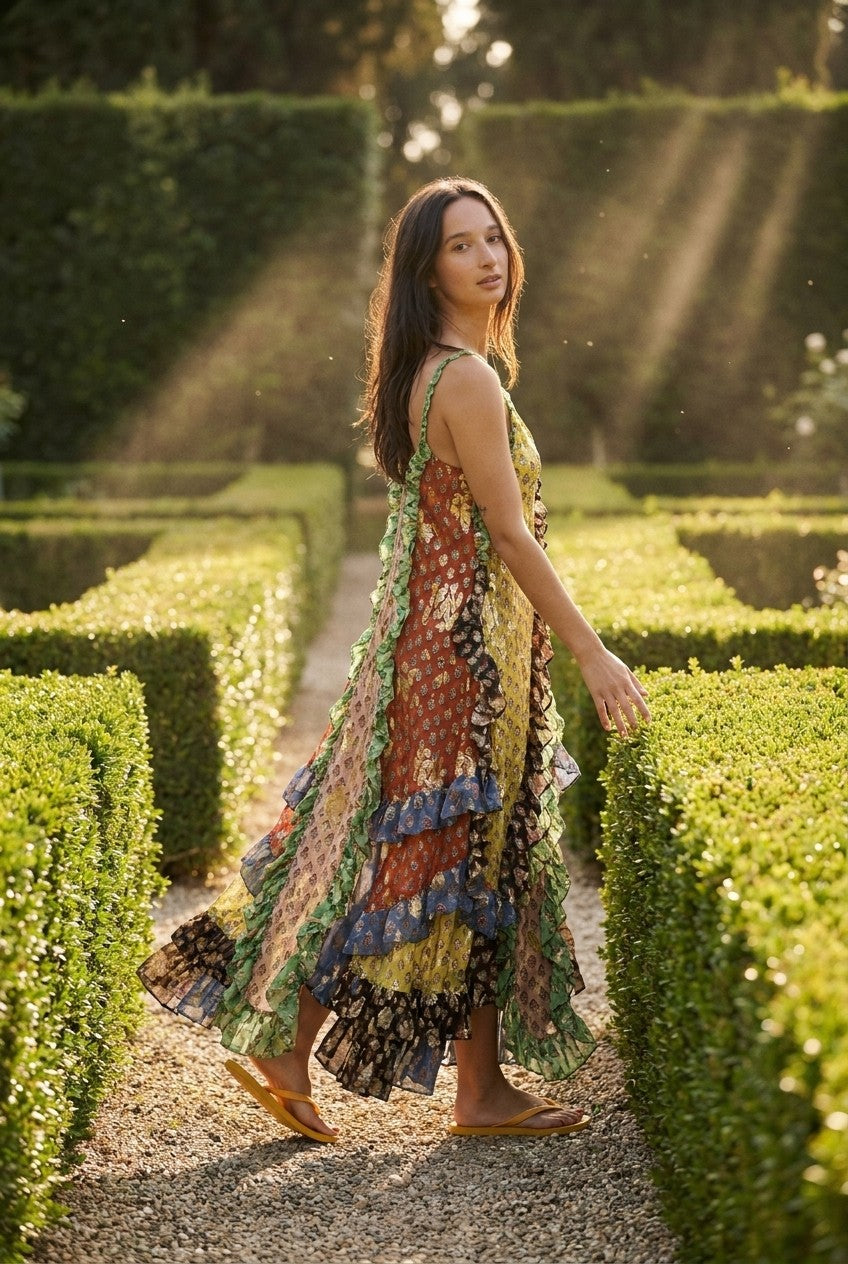 Patchwork High-Low Ruffle Maxi Dress