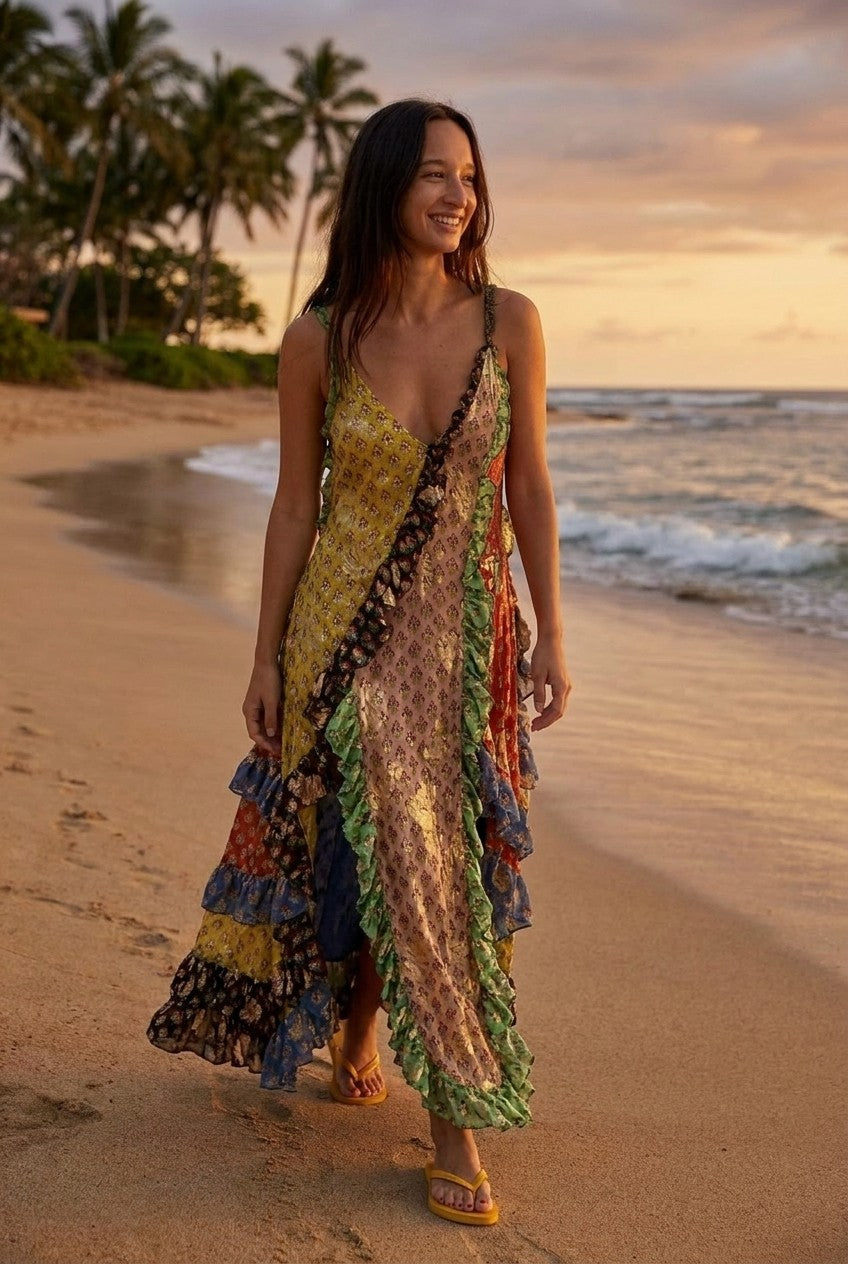 Patchwork High-Low Ruffle Maxi Dress