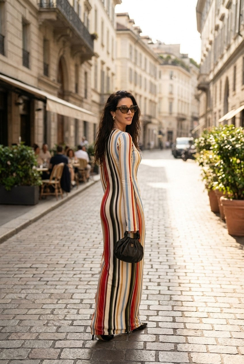 Multicolor Vertical Stripe Knit Maxi Dress