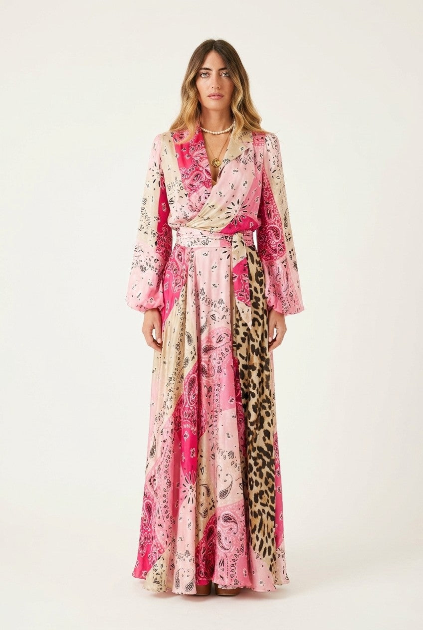 Mixed Print Satin Wrap Maxi Dress