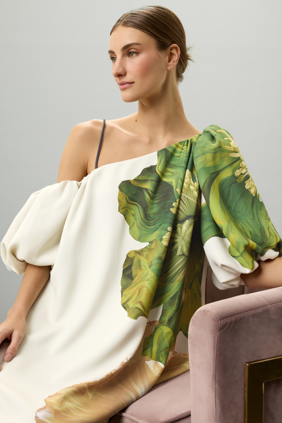 Floral Silk-Blend Satin One-Shoulder Puff Sleeve Maxi Dress