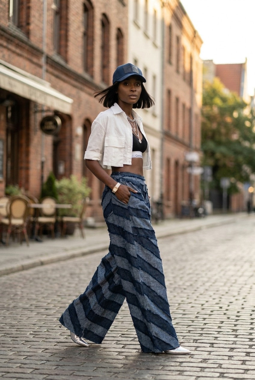 Patchwork High-Waisted Wide-Leg Denim Pants