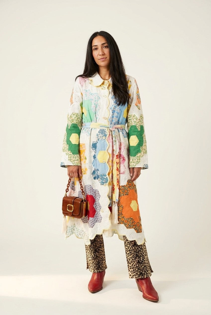 Patchwork Eyelet Scalloped Belted Coat