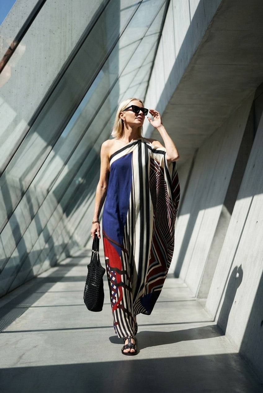 Women's One-Shoulder Silky Geometric Maxi Dress Flowy Vacation Kaftan