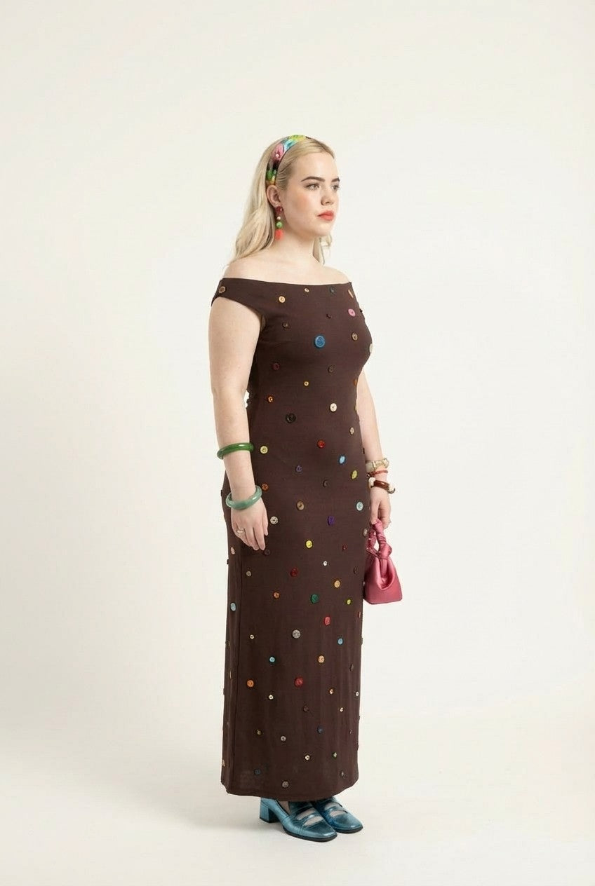 Boho Charm Off-Shoulder Maxi Dress with Colorful Buttons