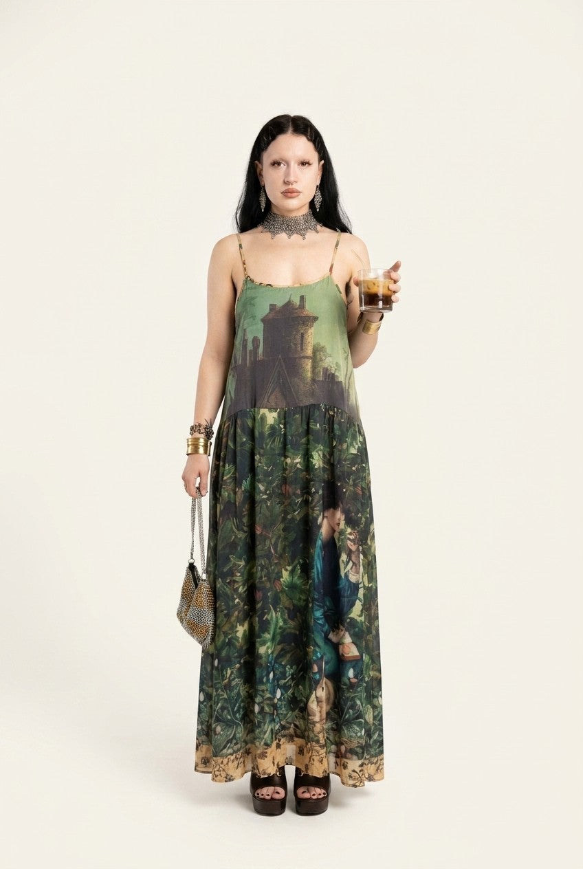 Castle Landscape Print Maxi Slip Dress