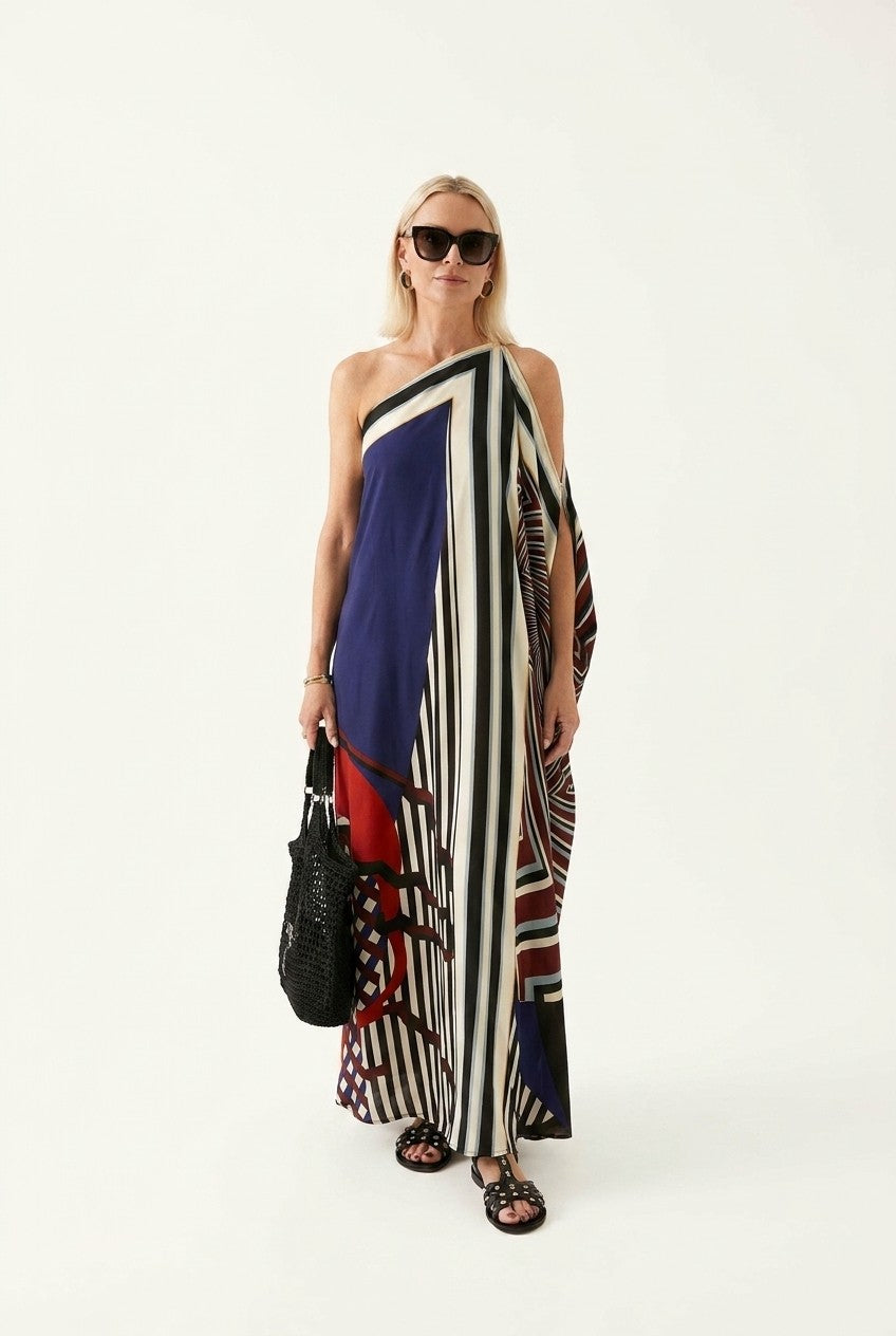 Women's One-Shoulder Silky Geometric Maxi Dress Flowy Vacation Kaftan