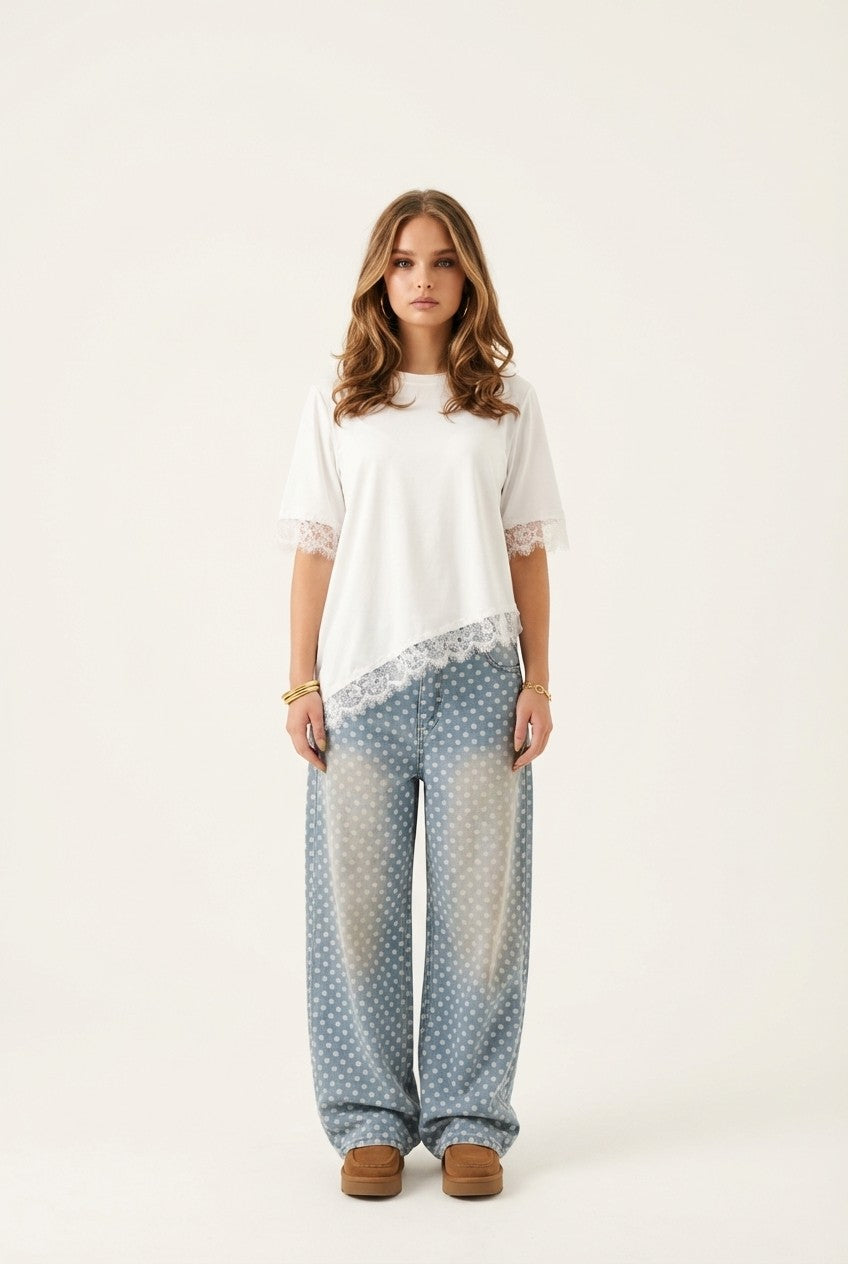 Product Name: Evelyn Lace-Trim Asymmetrical Cotton Top