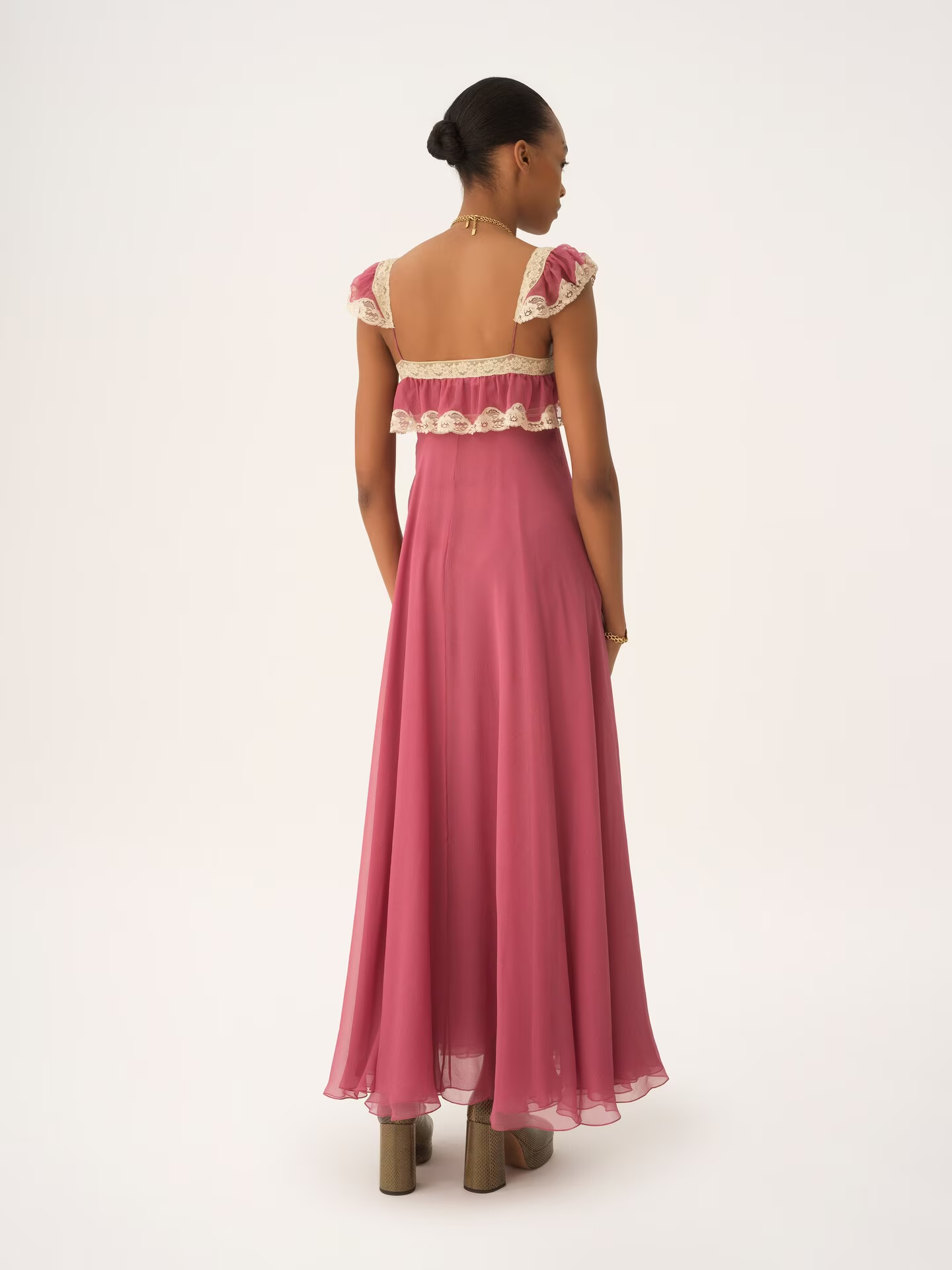 Lace-Trim Flutter Sleeve Maxi Dress