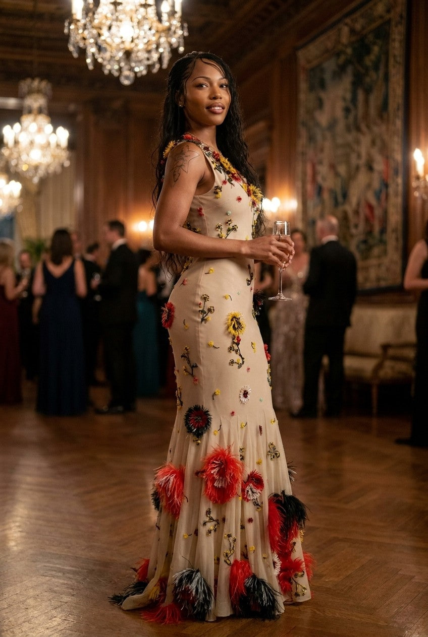 Floral Embroidered Tulle V-Neck Feather Trim Gown