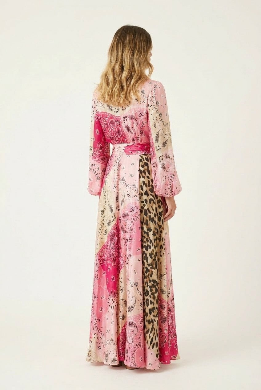 Mixed Print Satin Wrap Maxi Dress