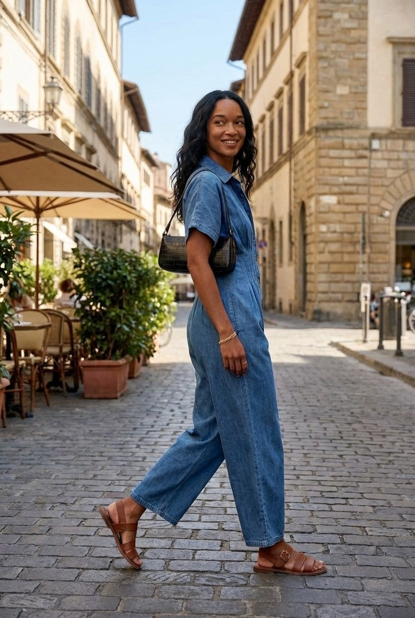 Arden Soft Denim Pleated Waist Jumpsuit