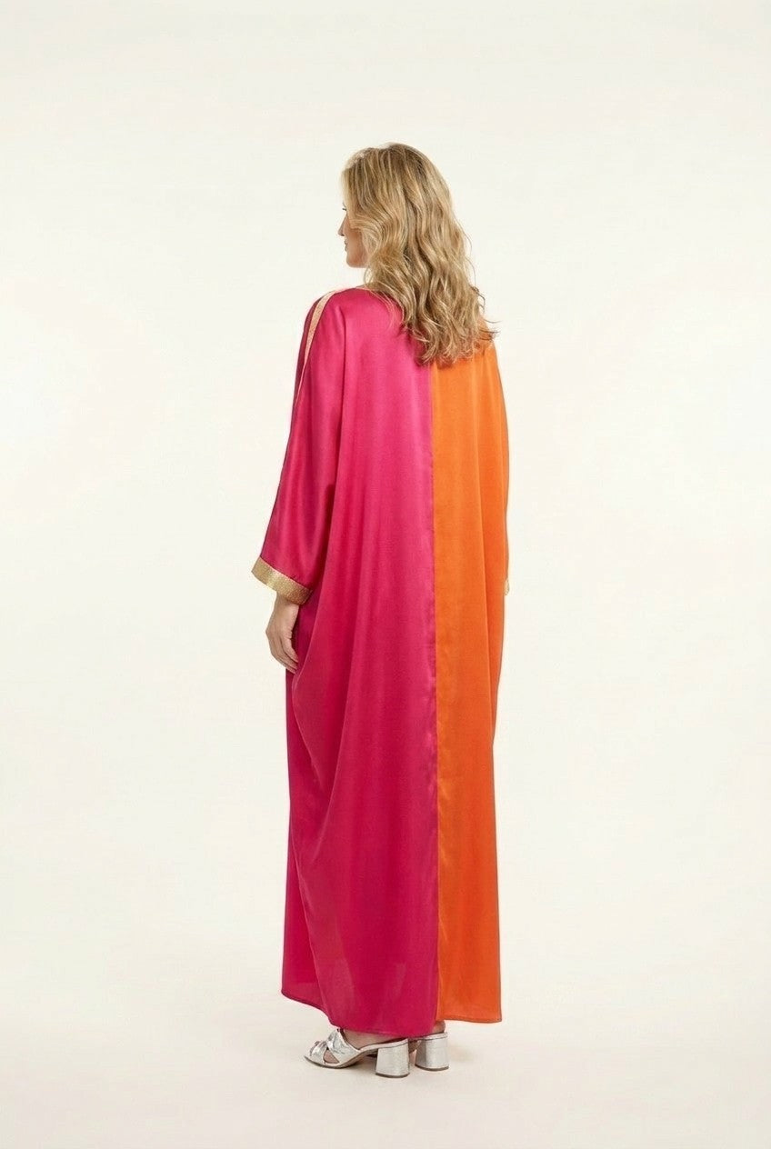 Colorblock Satin V-Neck Kaftan Dress
