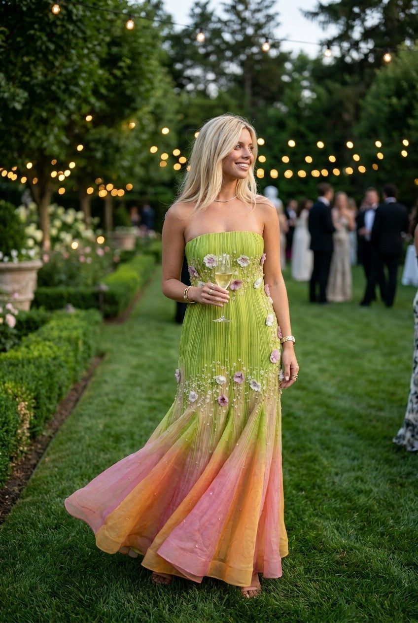 Strapless Floral Appliqué Ombre Pleated Maxi Dress