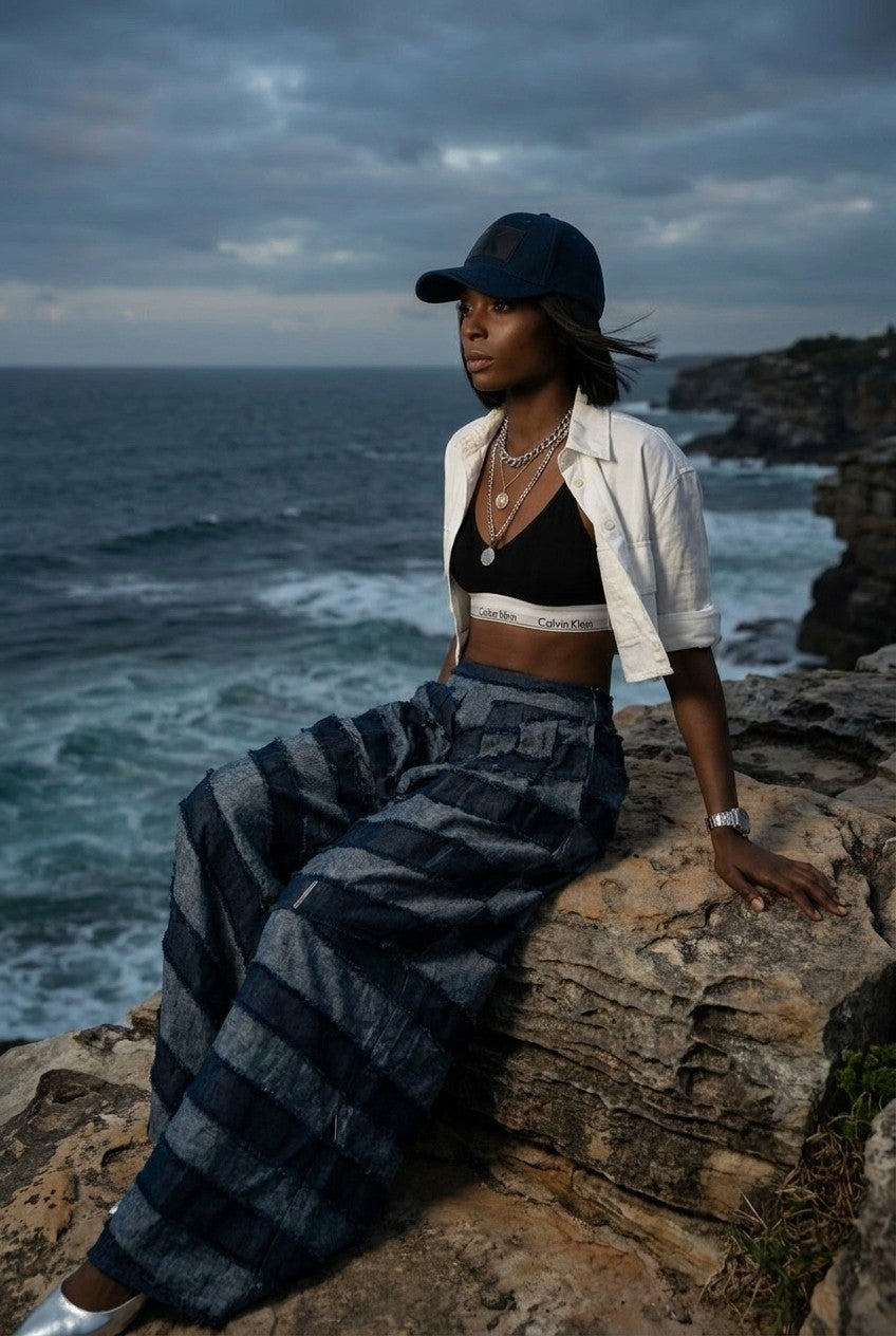 Patchwork High-Waisted Wide-Leg Denim Pants