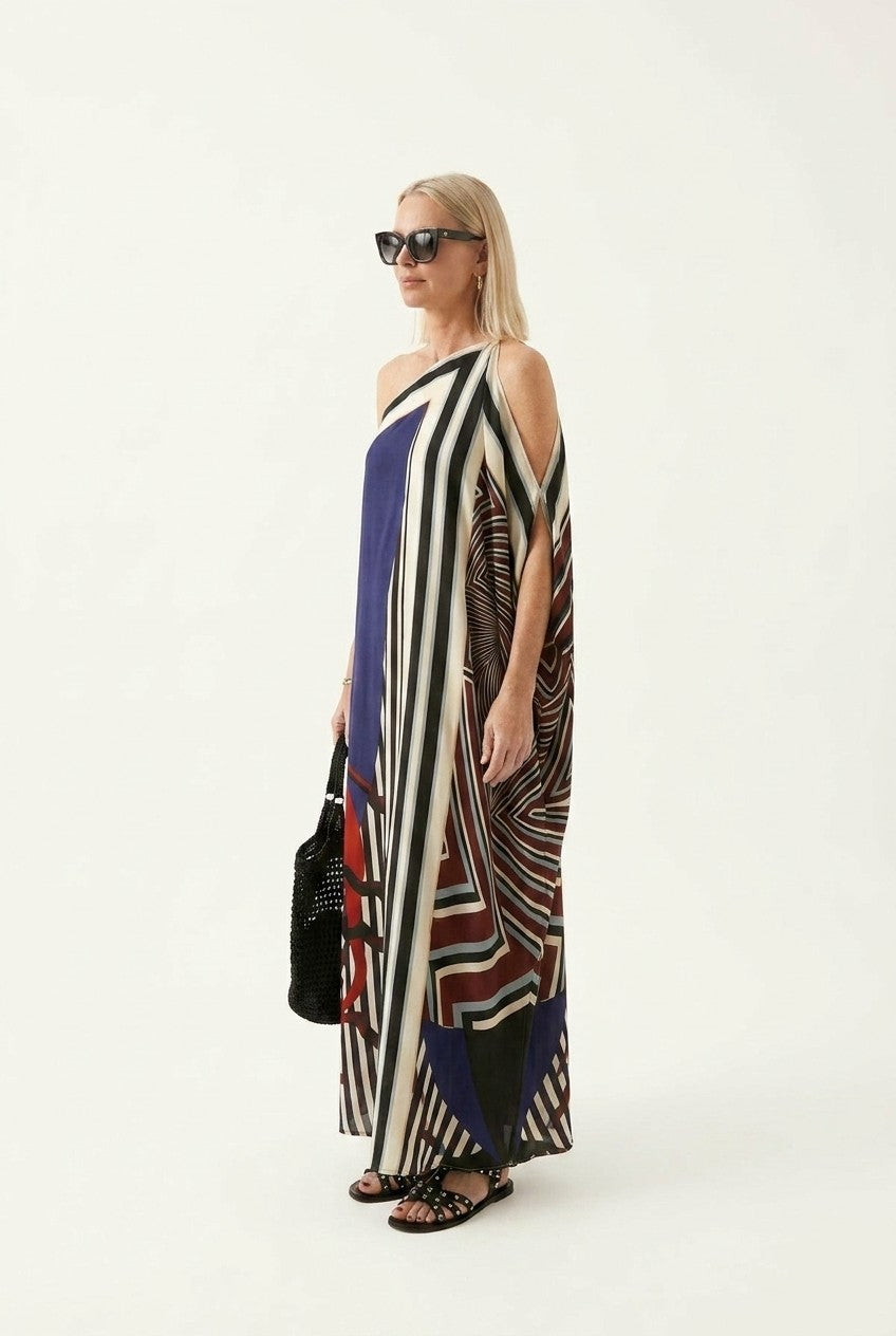 Women's One-Shoulder Silky Geometric Maxi Dress Flowy Vacation Kaftan