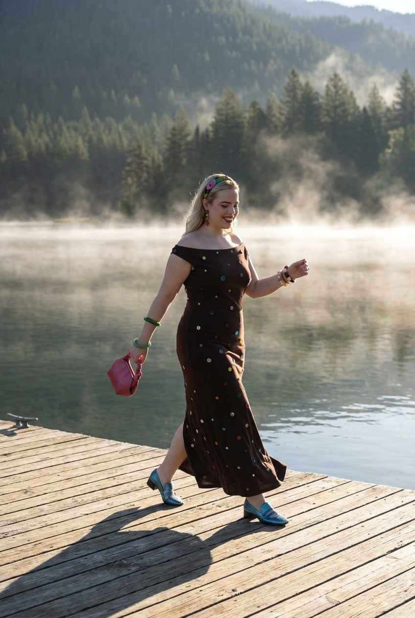 Boho Charm Off-Shoulder Maxi Dress with Colorful Buttons