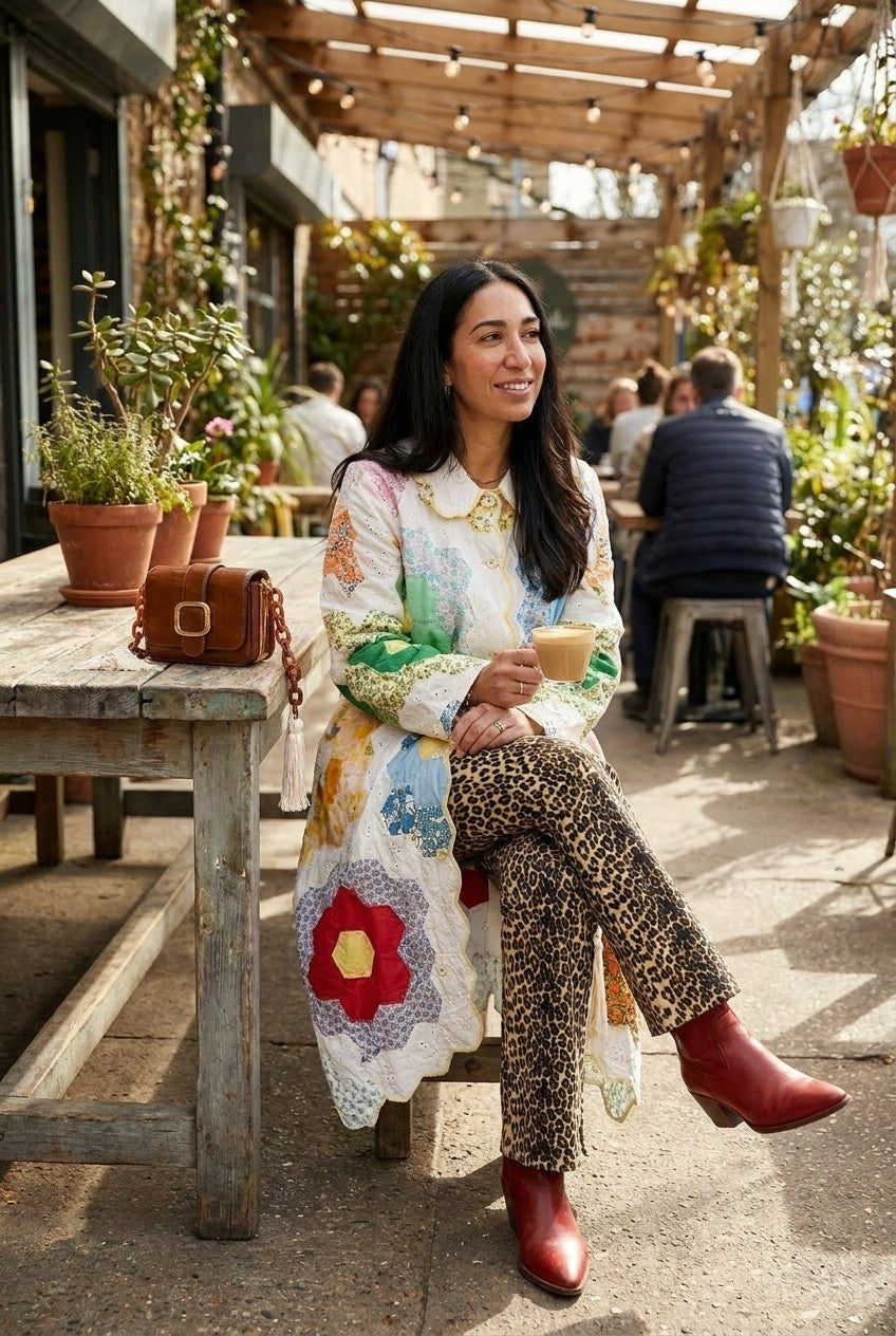 Patchwork Eyelet Scalloped Belted Coat