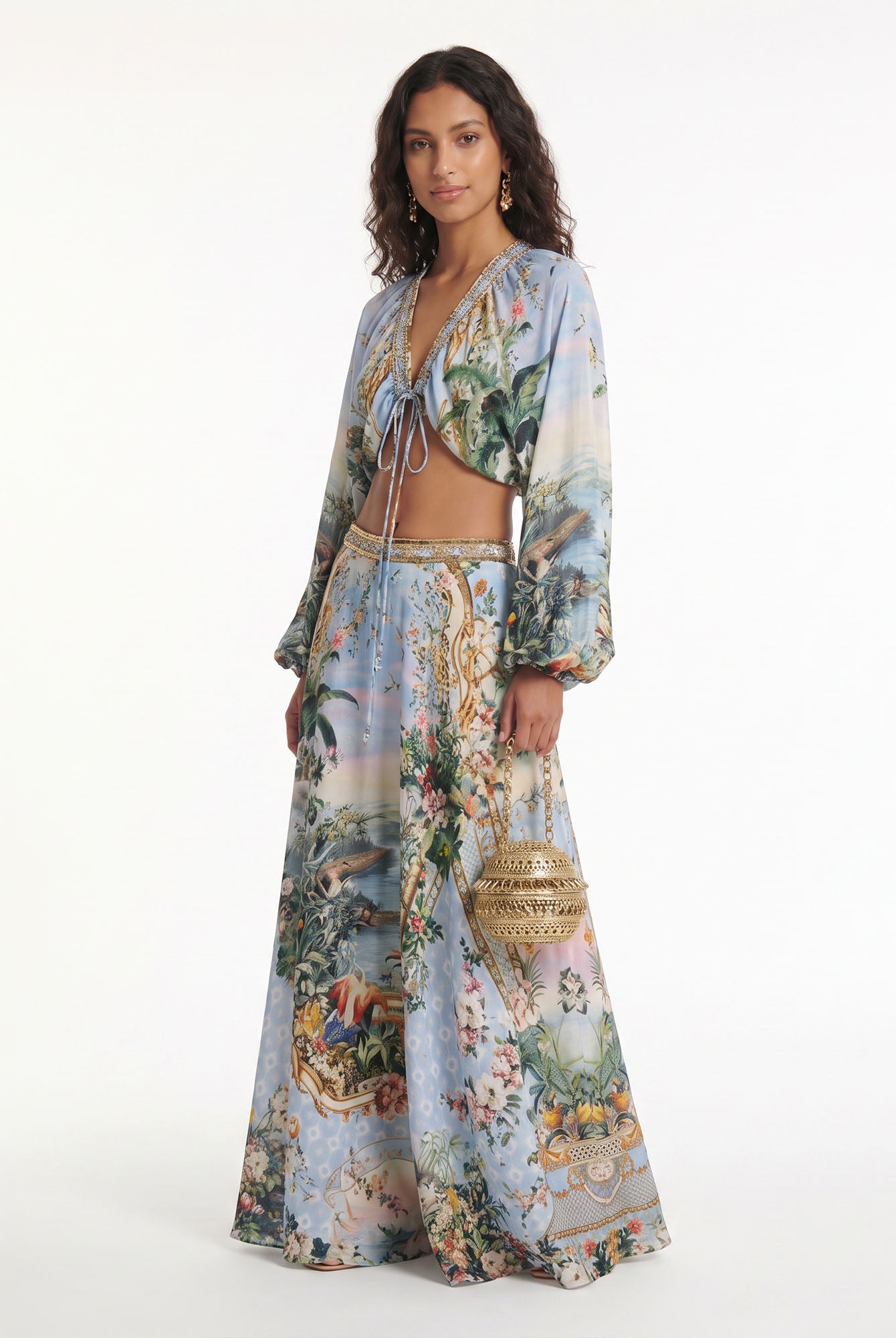 Light Blue Botanical Print Resort Skirt Set
