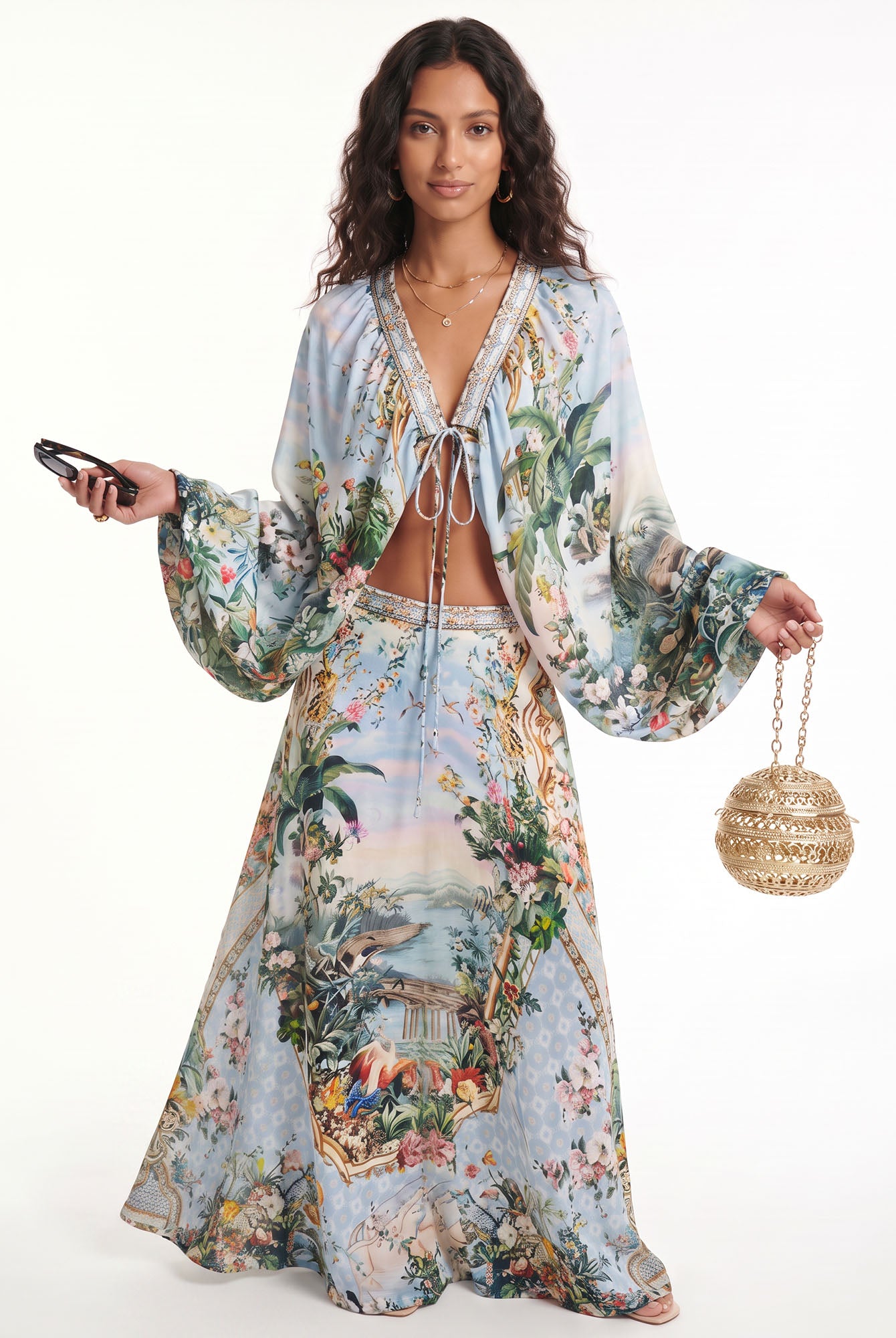 Light Blue Botanical Print Resort Skirt Set