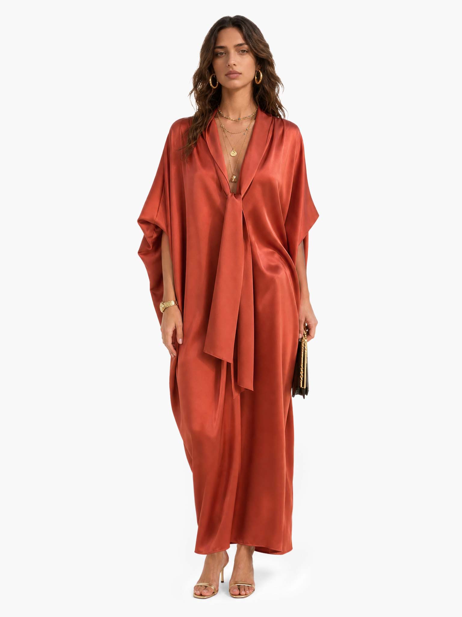 Terracotta Satin Draped Maxi Dress
