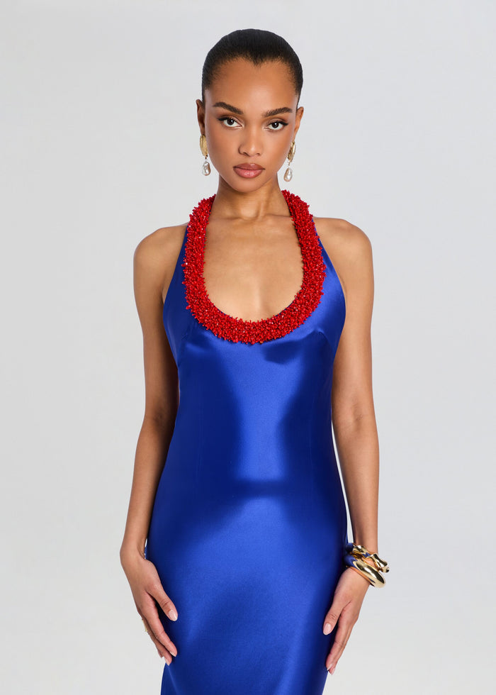 Blue After-Dark Satin Halter Dress