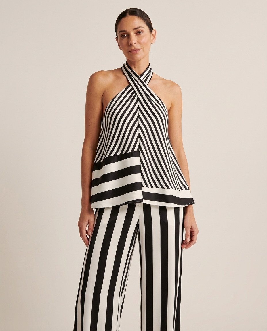 Black Polished Striped Pant Set