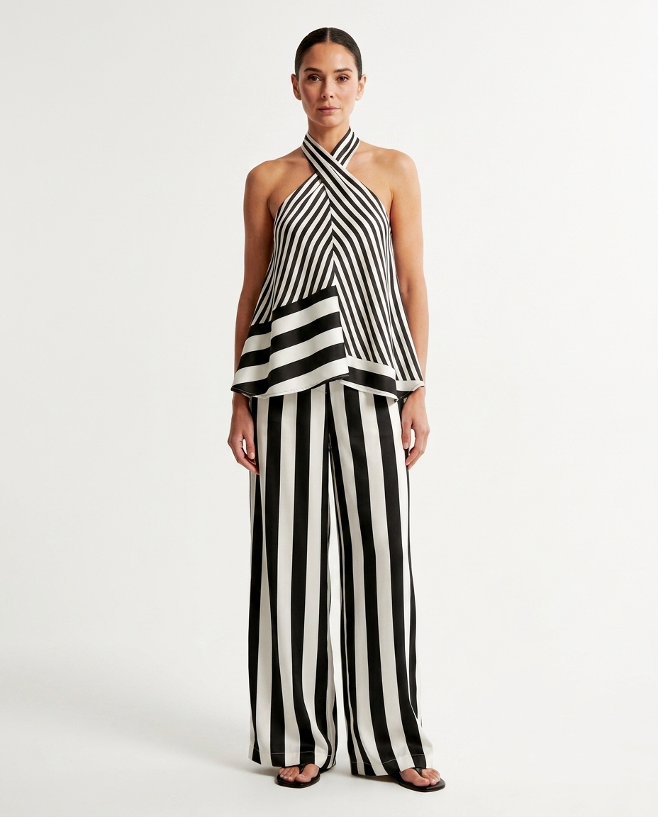 Black Polished Striped Pant Set