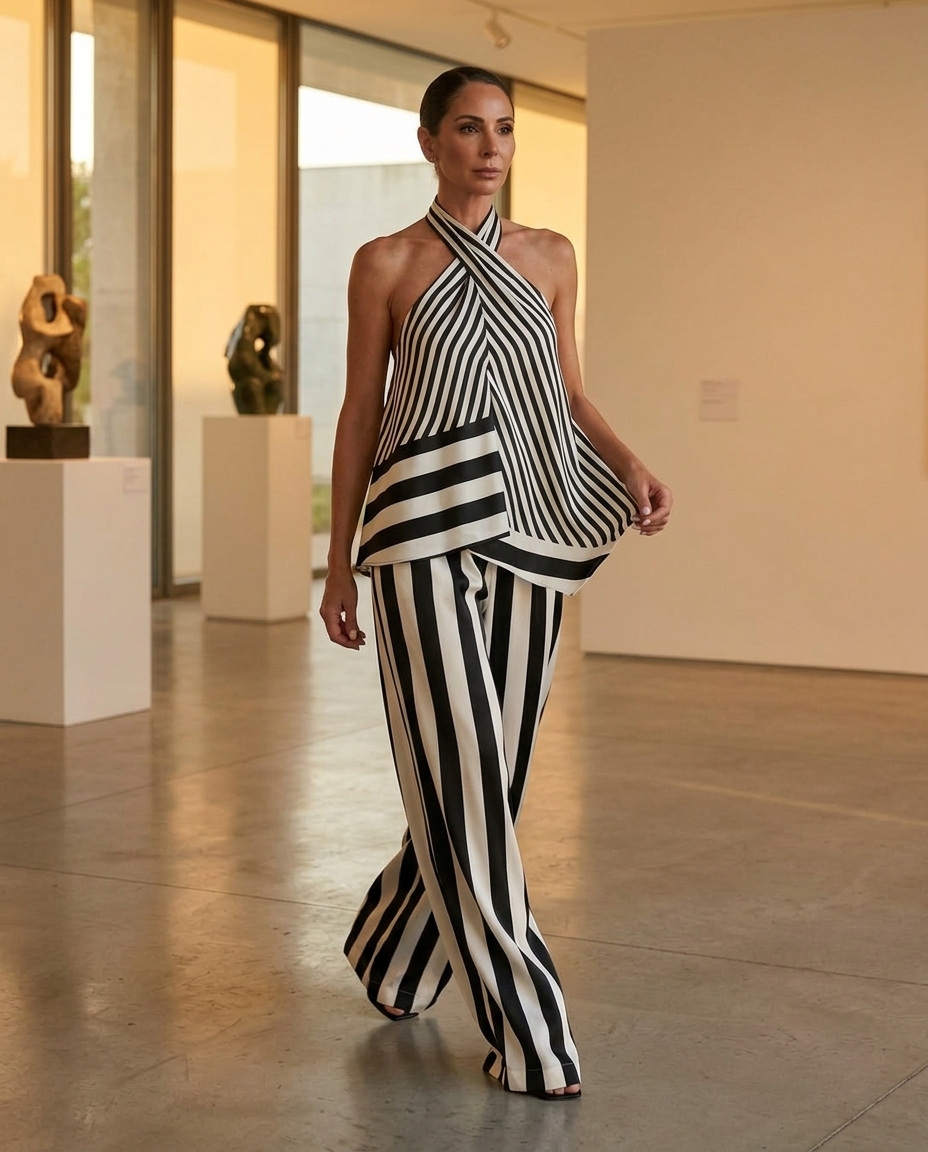 Black Polished Striped Pant Set