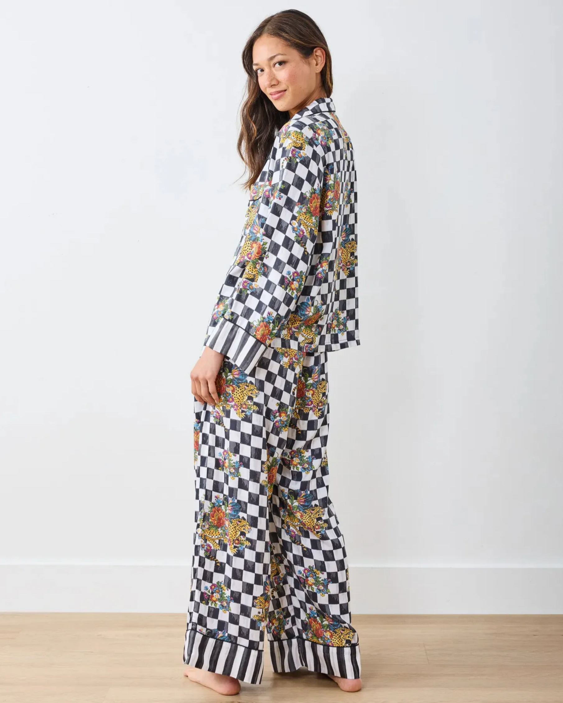 Checkered Leopard Floral Print Pajama Set