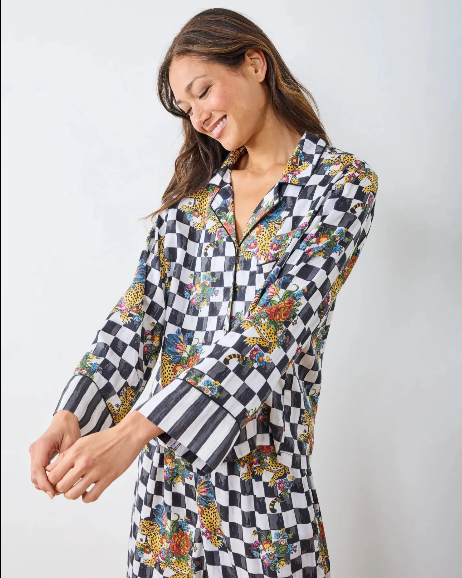 Checkered Leopard Floral Print Pajama Set