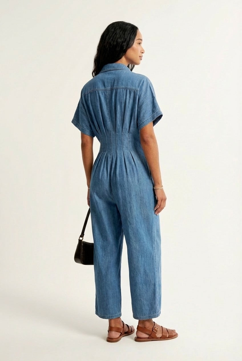Arden Soft Denim Pleated Waist Jumpsuit