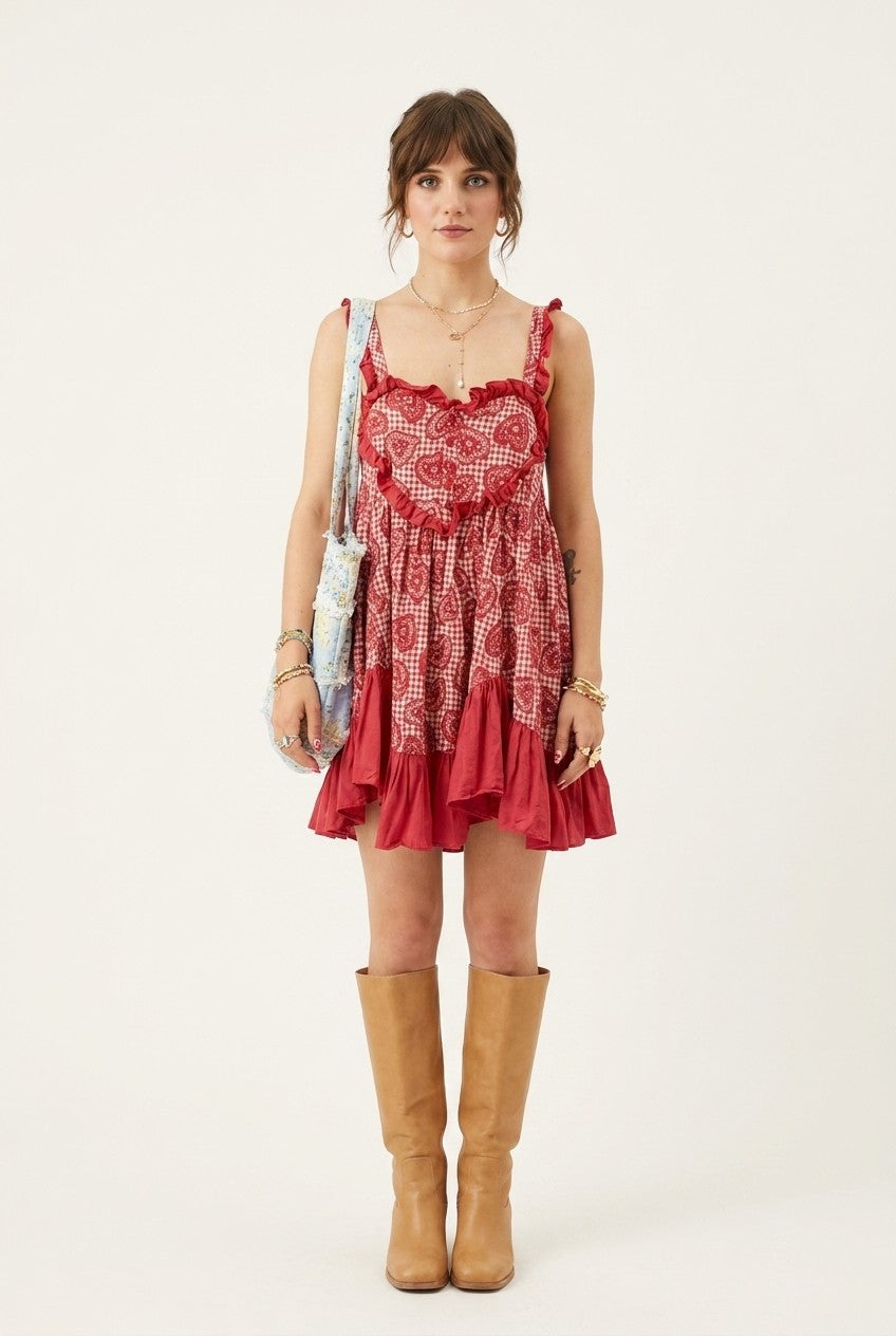 Women's Boho Cotton Gingham Mini Dress with Heart Ruffle Trim