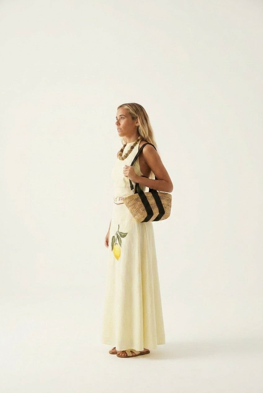 Mediterranean Lemon Print Halter Maxi Dress