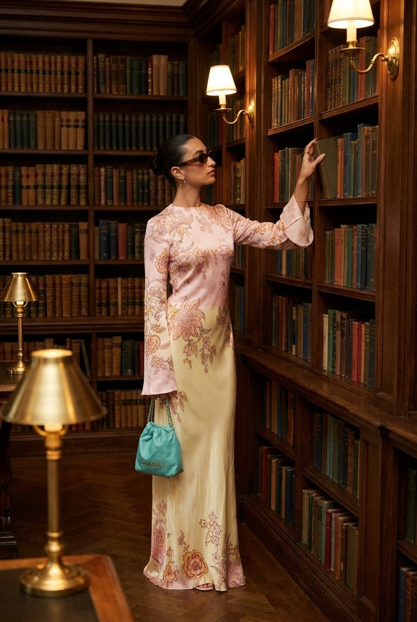 Floral Satin Bell Sleeve Maxi Dress