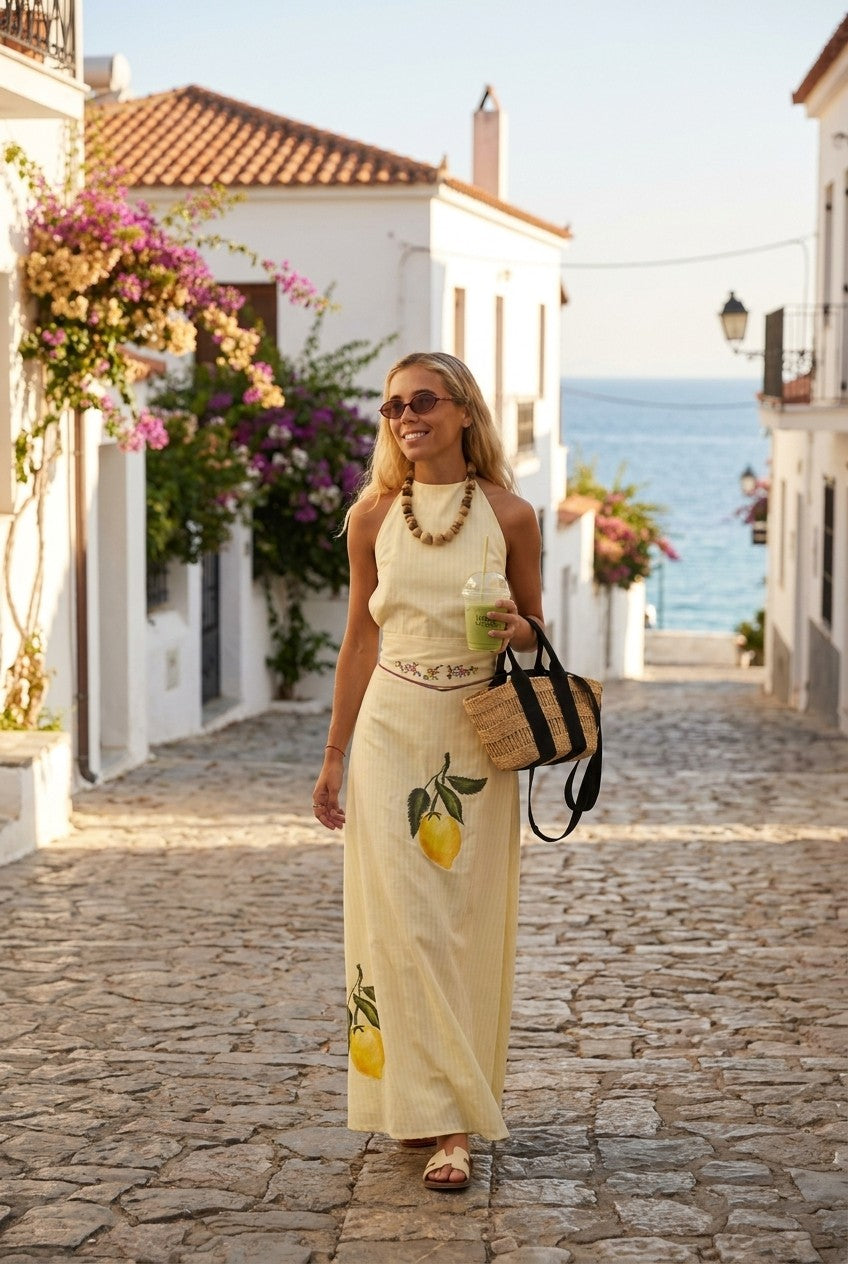 Mediterranean Lemon Print Halter Maxi Dress