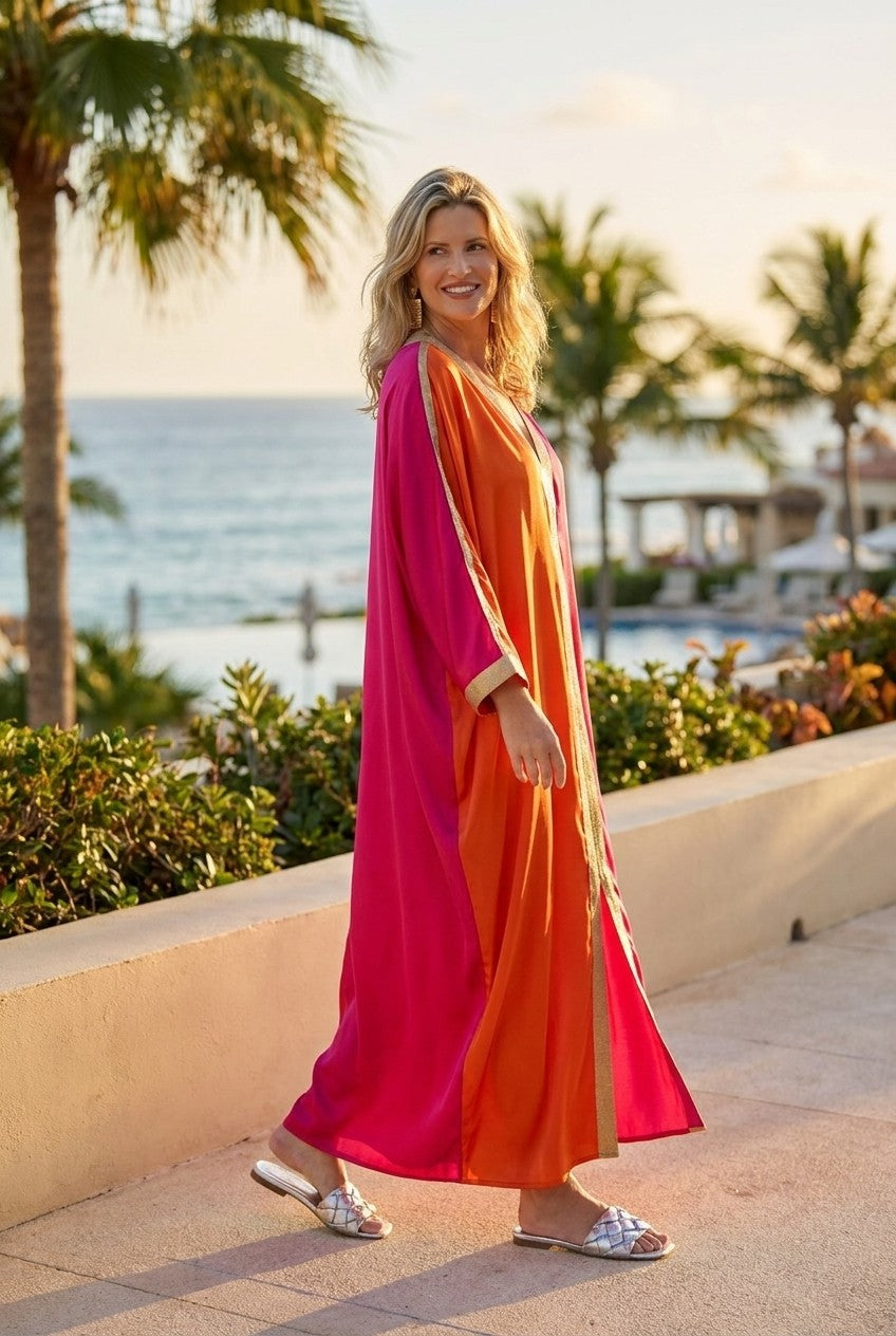 Colorblock Satin V-Neck Kaftan Dress