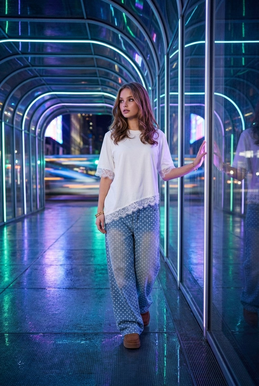 Product Name: Evelyn Lace-Trim Asymmetrical Cotton Top