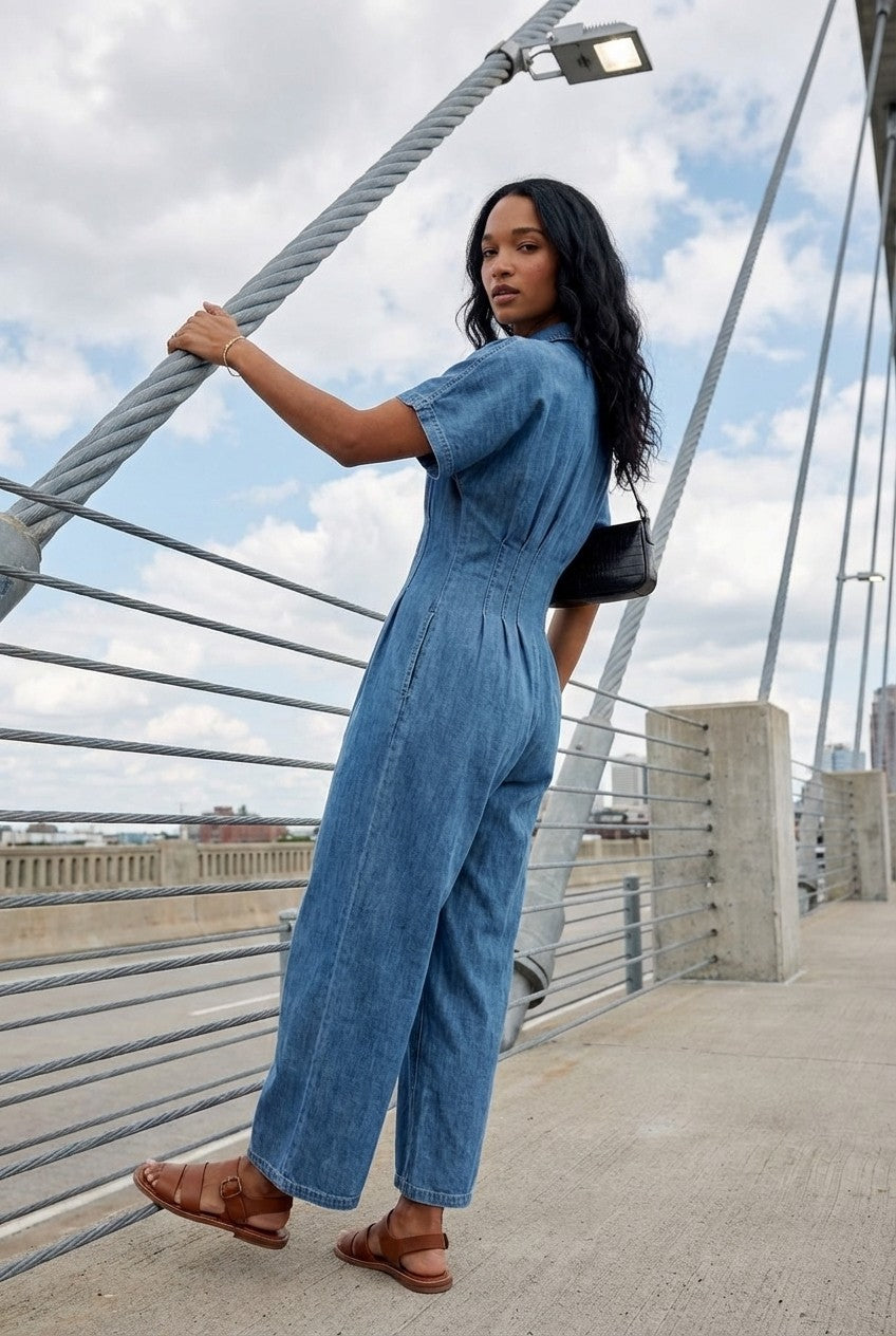 Arden Soft Denim Pleated Waist Jumpsuit