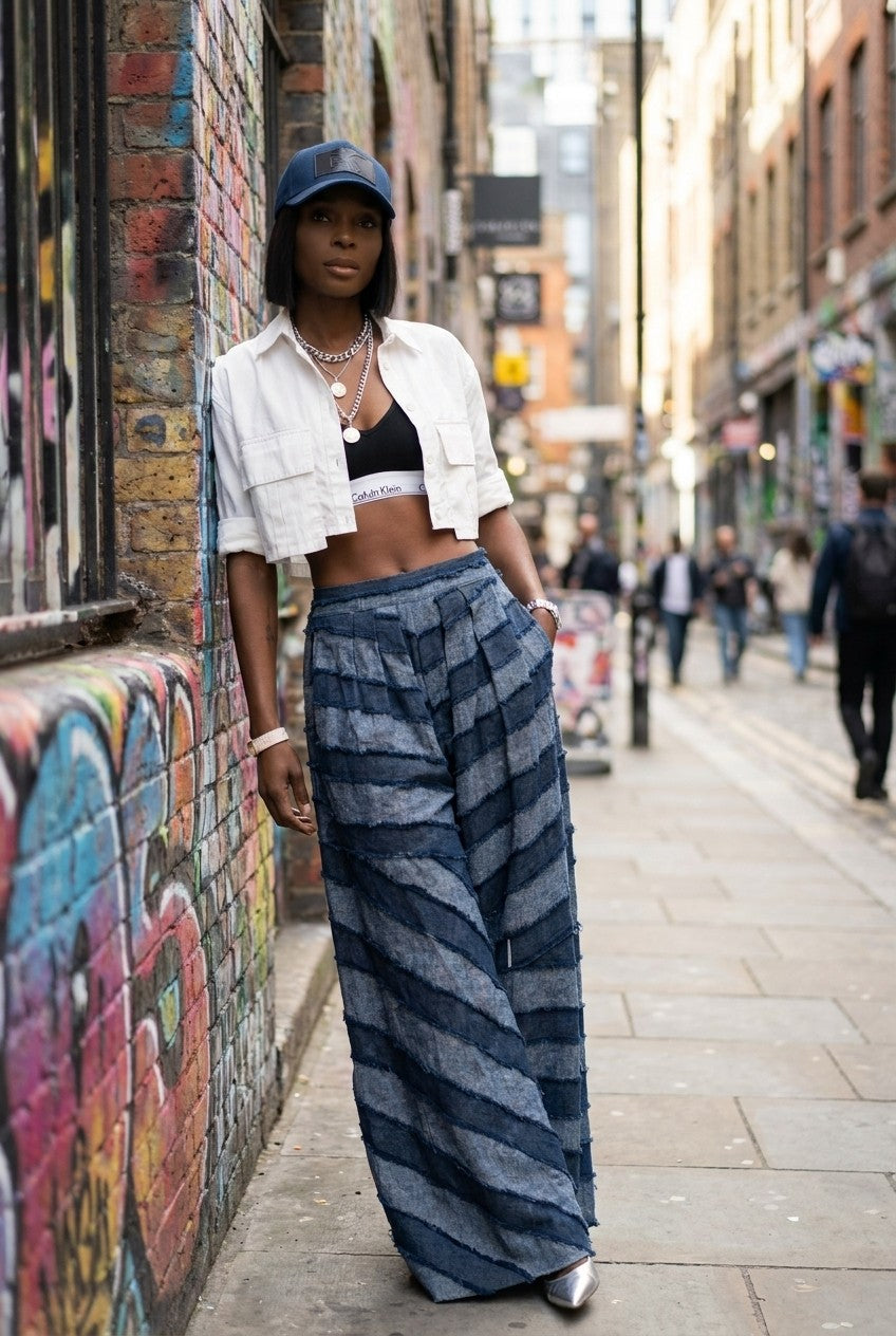Patchwork High-Waisted Wide-Leg Denim Pants